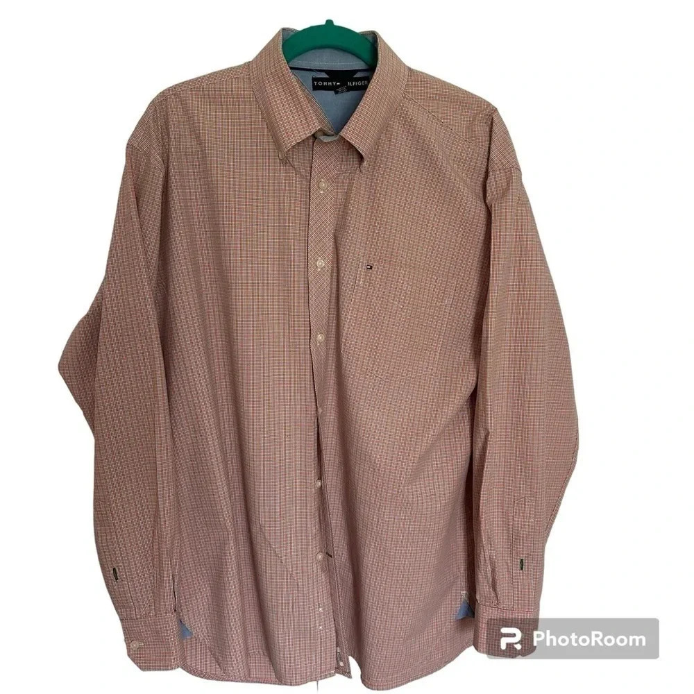 Tommy Hilfiger Long Sleeve Collared Orange and Blue Plaid Shirt Size Large